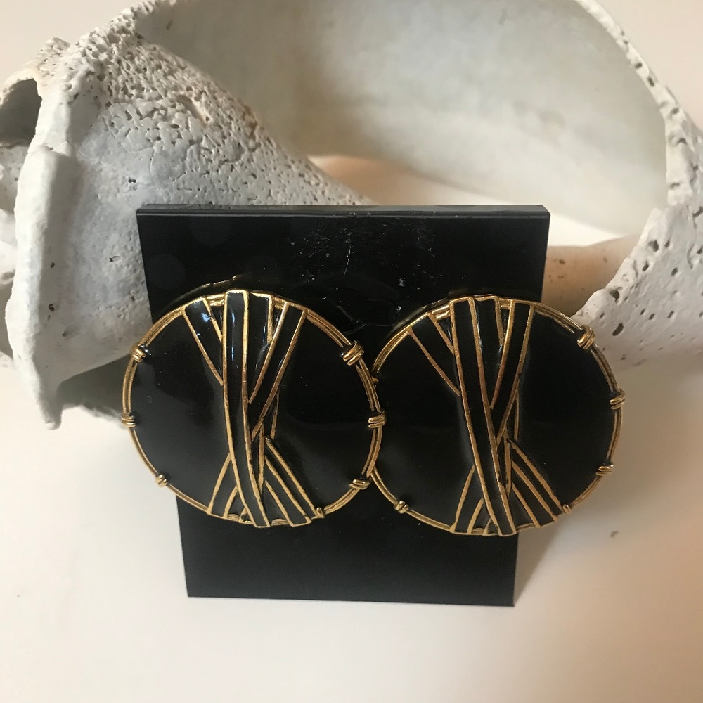 VTG Black Gold Abstract Pierced Earrings
